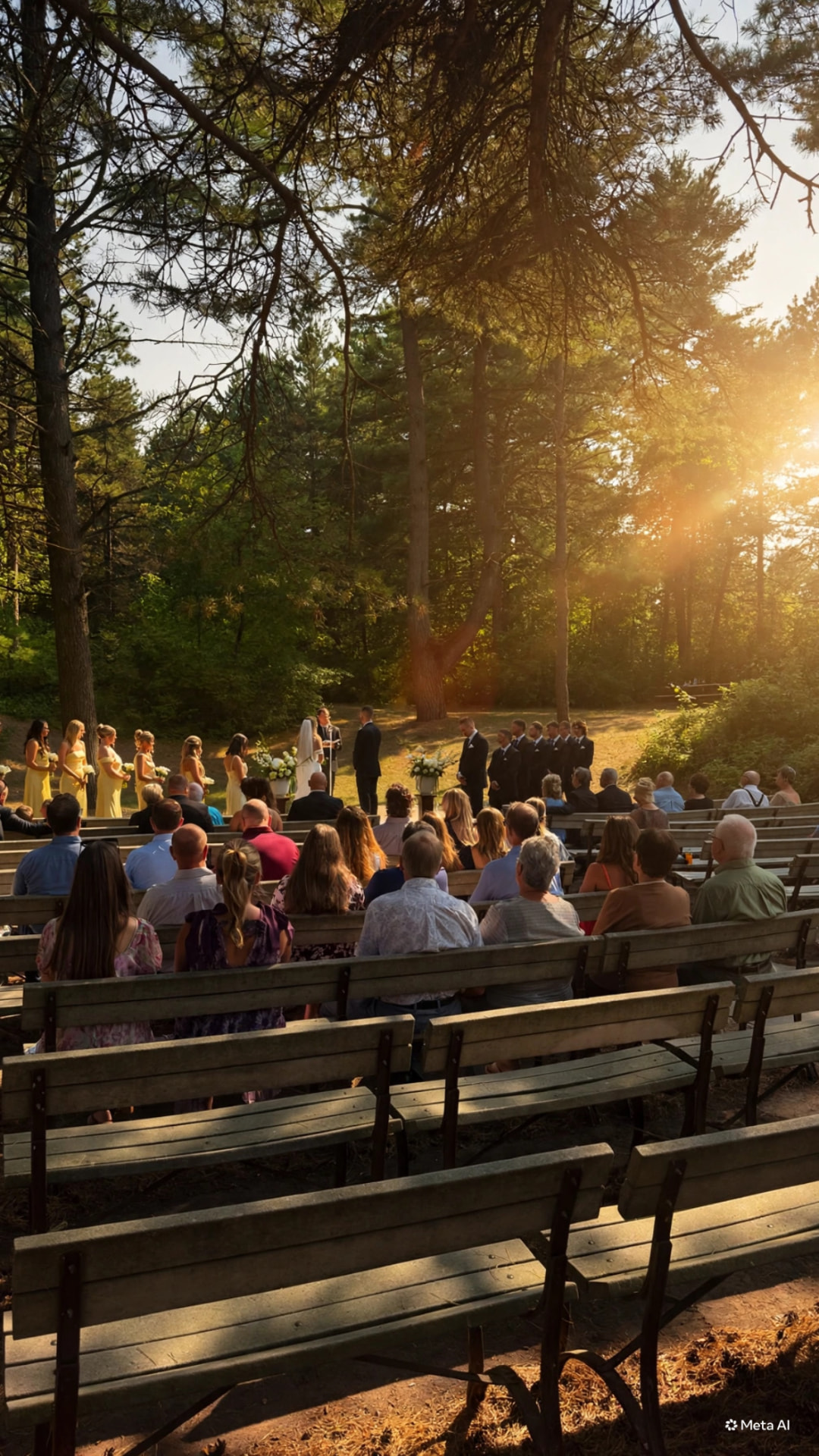 Outdoor wedding ceremony in the woods at golden hour